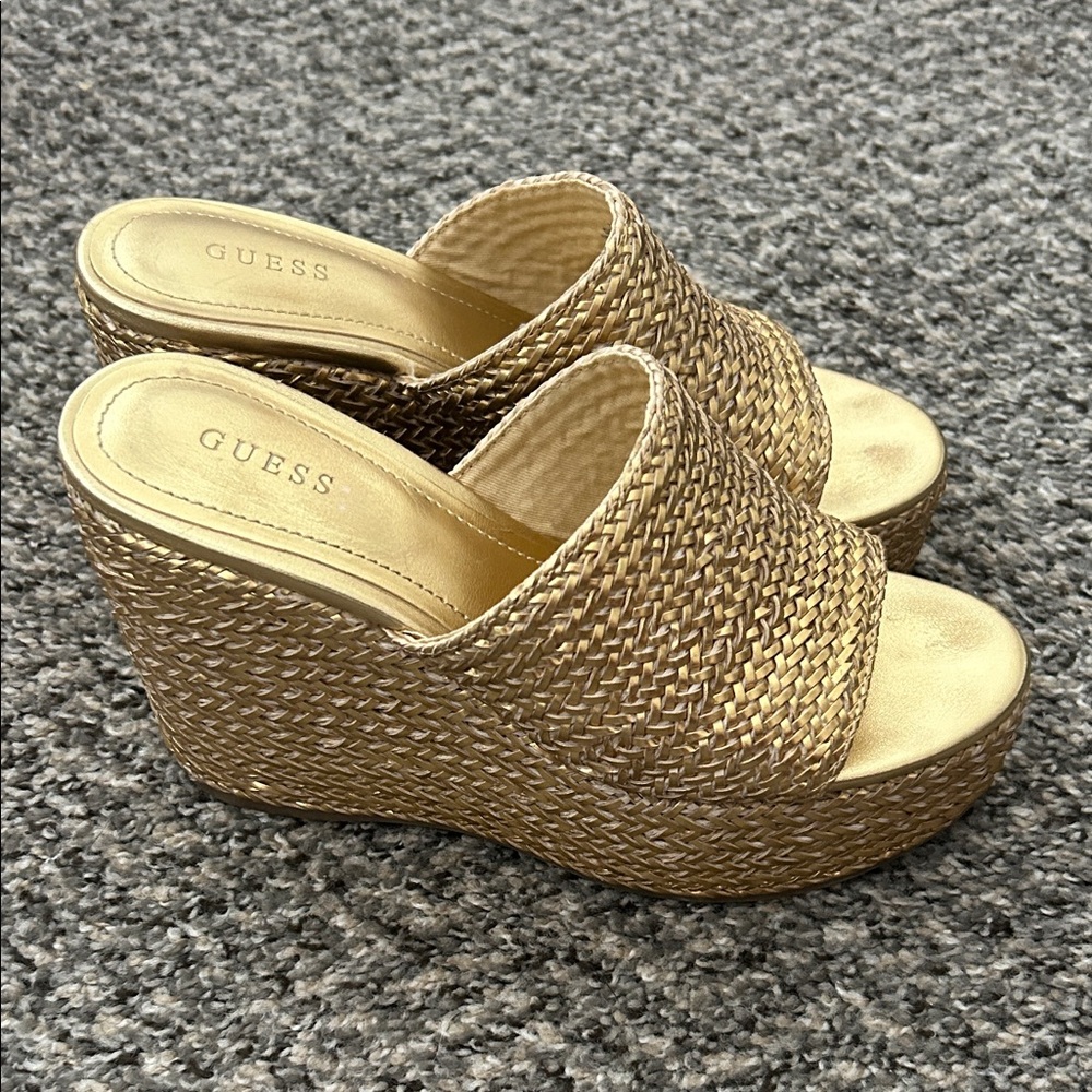 GUESS Metallic Gold Woven Platform Wedge Slides